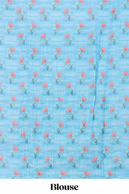 Blue traditional printed linen saree