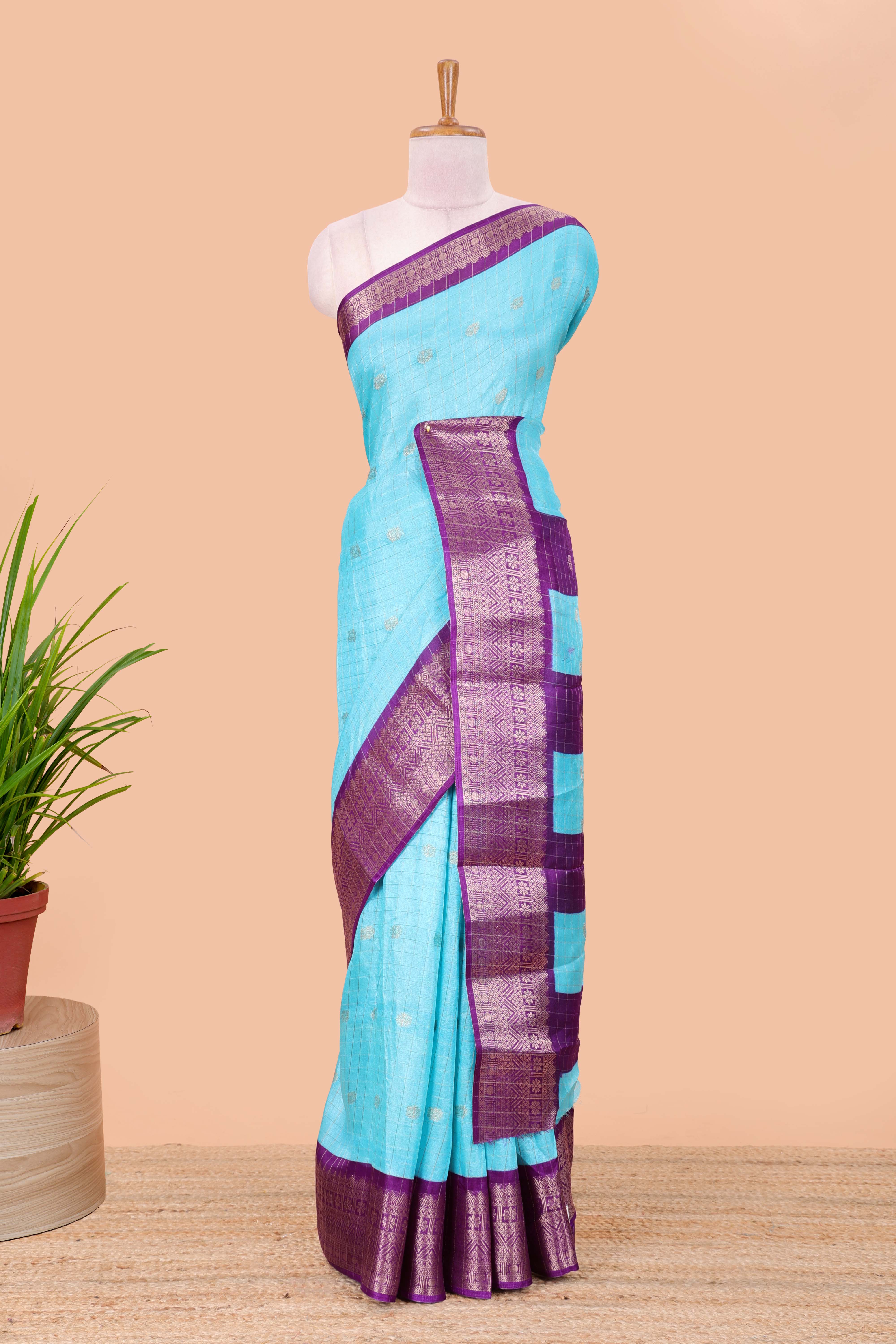 Blue viscose dola butta saree