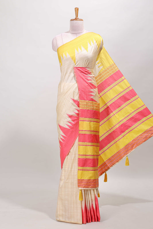Borderless sandal semi soft silk ikkat weave saree