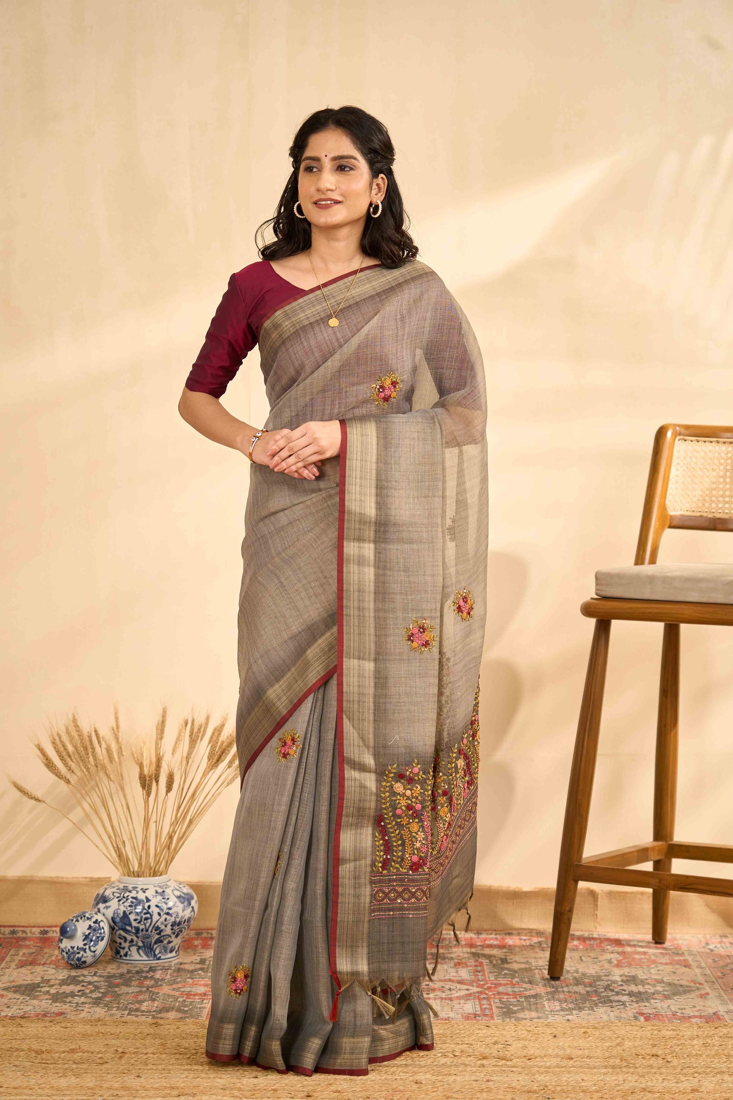 Brown embroidered linen saree