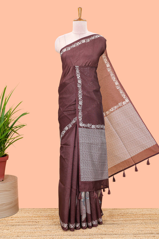 Brown featuring crane bird motif print and contrast pallu Kota cotton saree