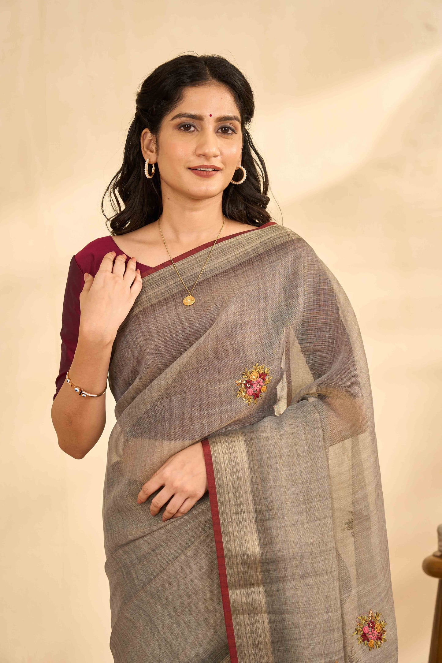 Brown floral linen saree design