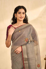 Brown floral linen saree design