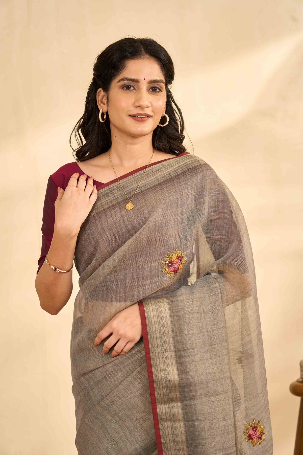 Brown floral linen saree design