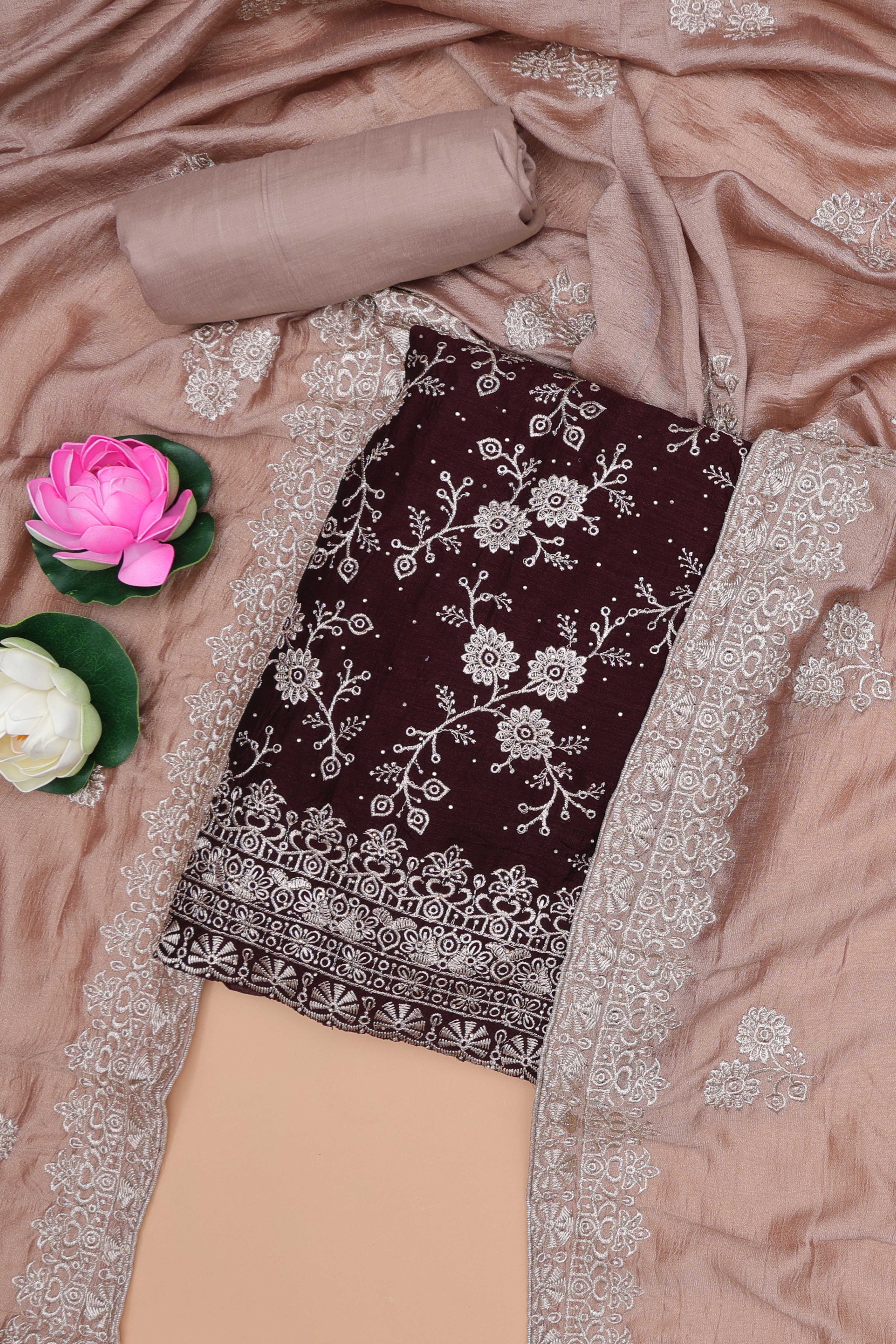 Brown georgette embroidered suit set