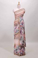 Brown linen cotton saree with swan print