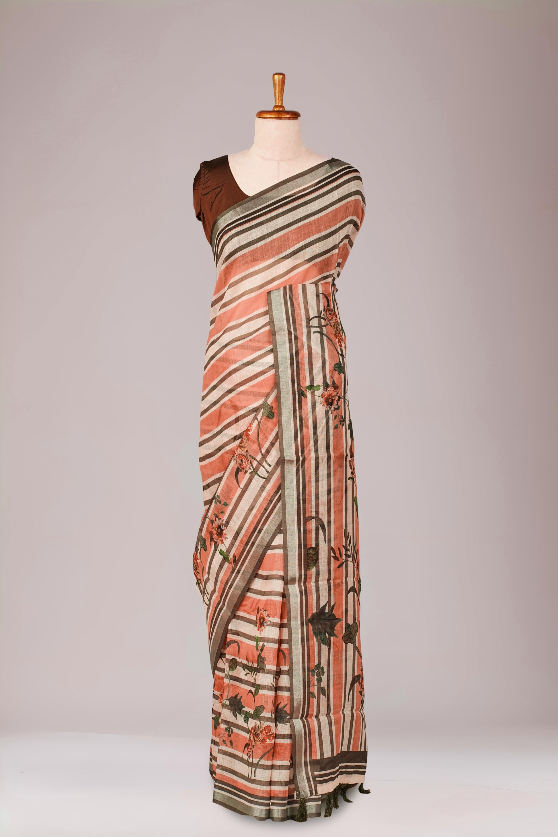 Brown peach digital print linen saree