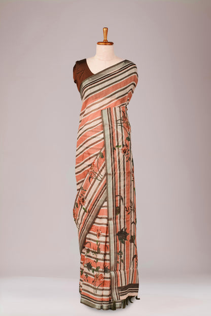 Brown peach digital print linen saree