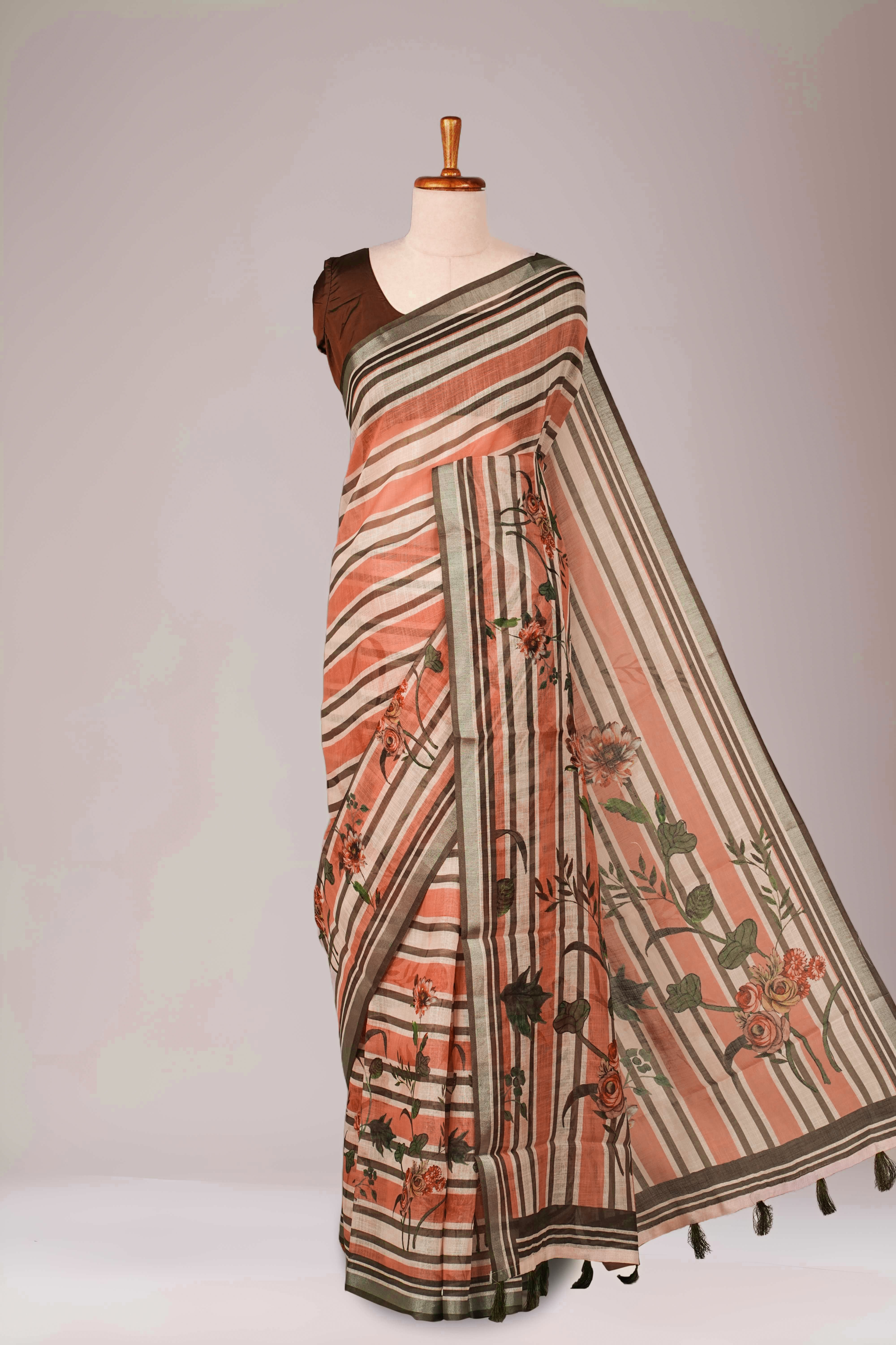 Brown peach linen weave saree
