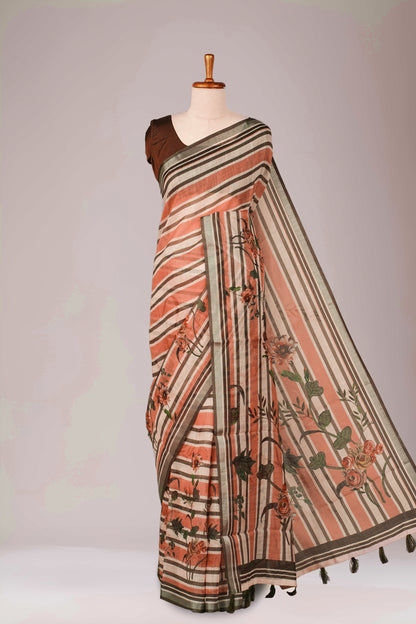 Brown peach linen weave saree