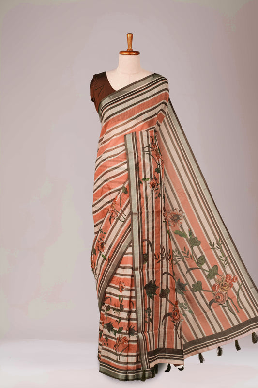 Brown peach linen weave saree