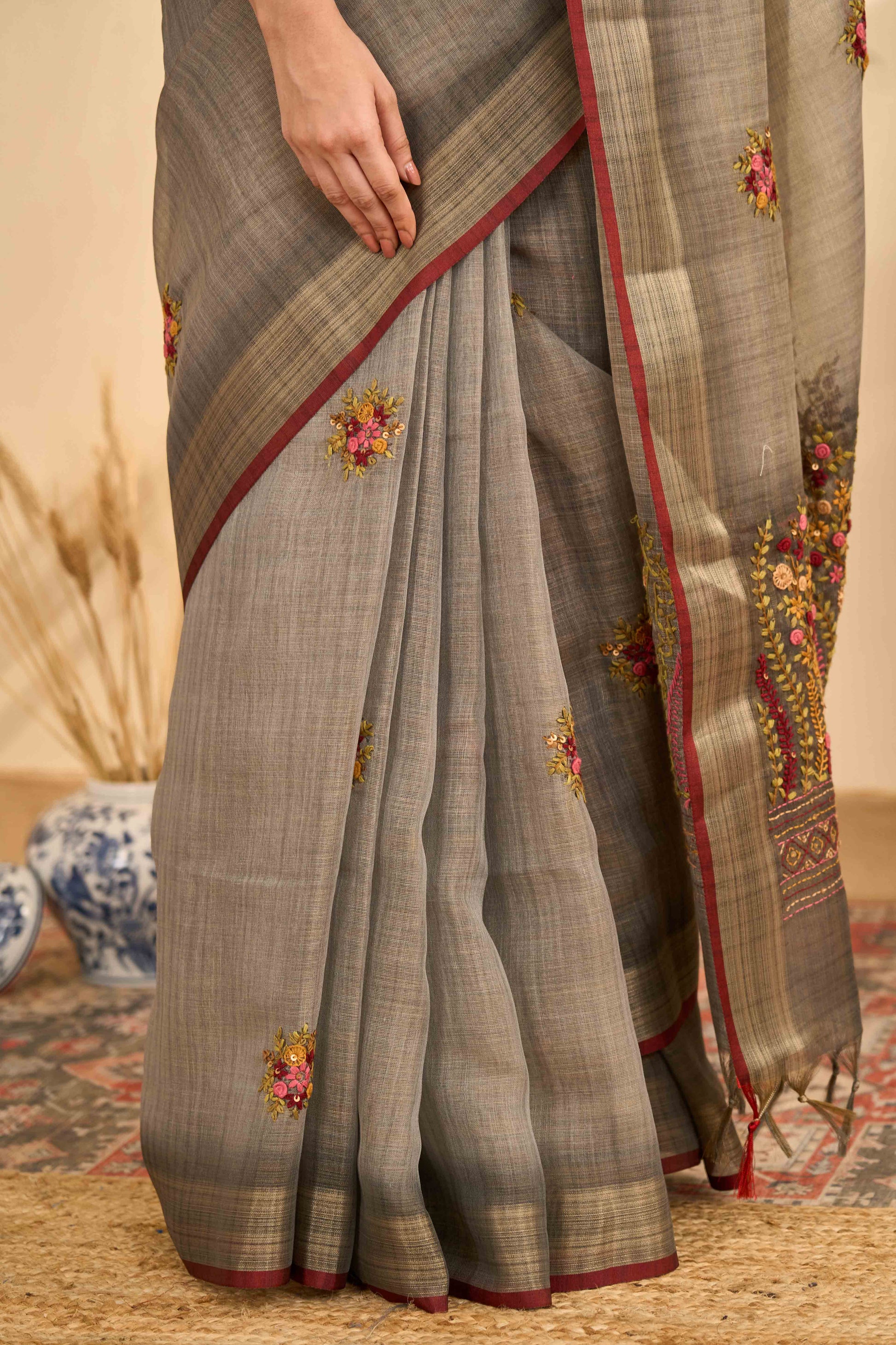 Brown printed linen saree