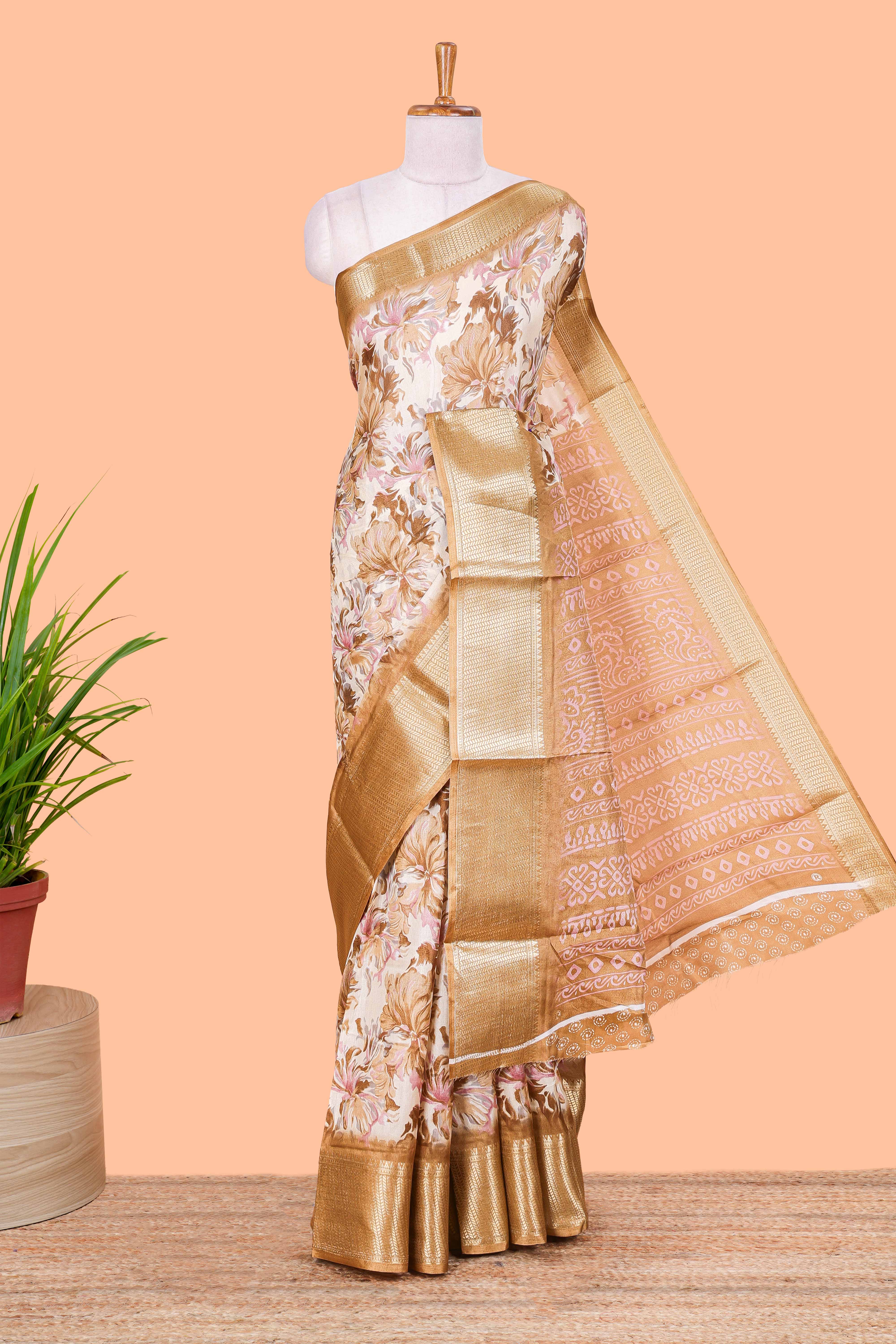 Brown semi dola floral saree