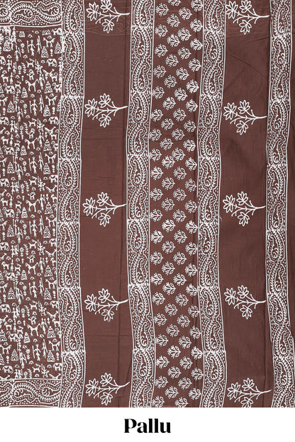 Brown warli print cotton saree