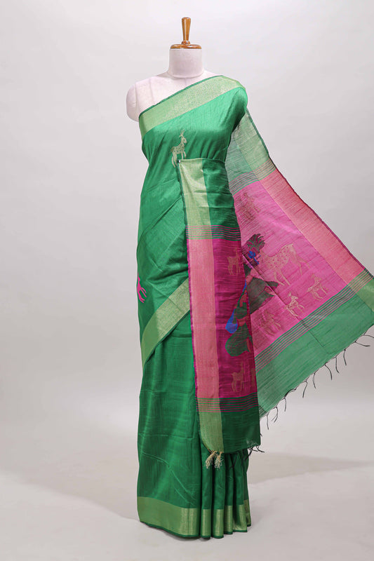 Green zari deer motifs tussar saree with self zari border contrast printed pallu and blouse
