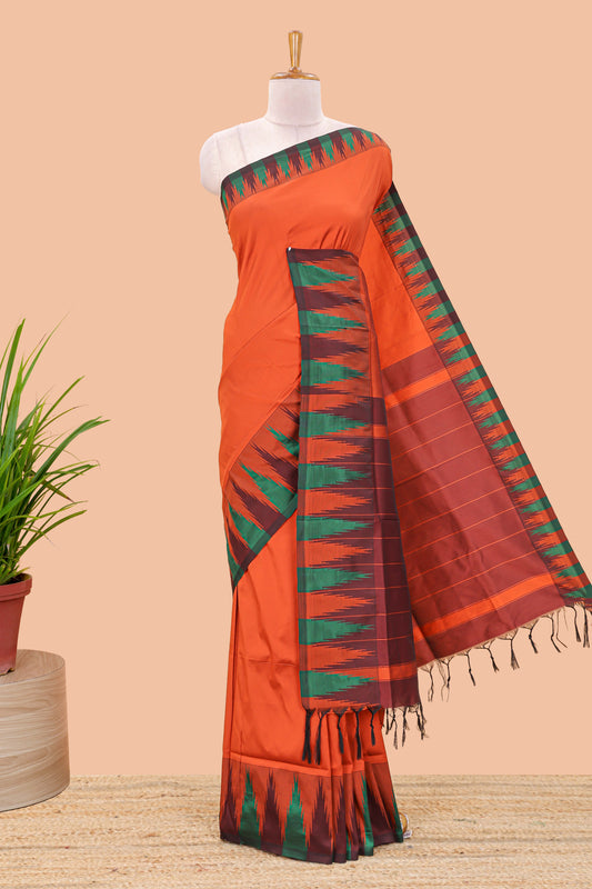 Orange plain poly cotton saree with contrast pallu and geometric border