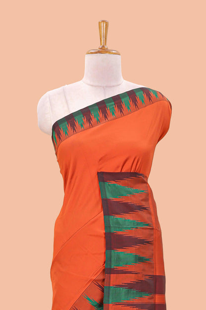 Orange plain poly cotton saree with contrast pallu and geometric border