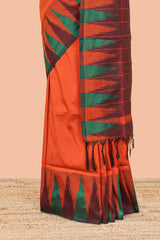 Orange plain poly cotton saree with contrast pallu and geometric border