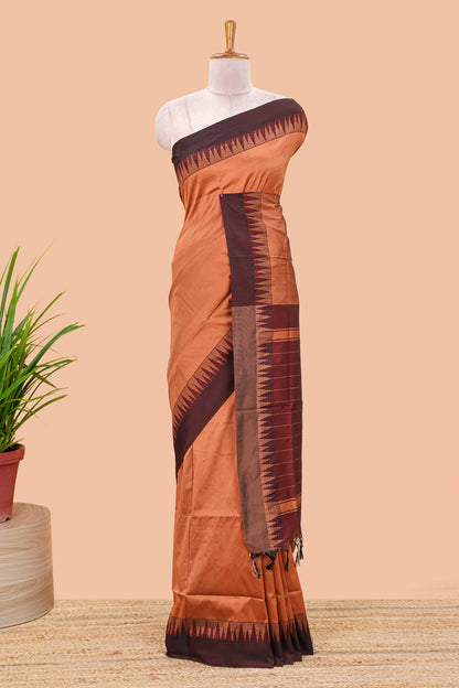 Dark orange plain poly cotton saree with contrast pallu and geometric border