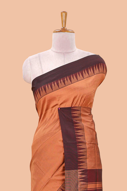 Dark orange plain poly cotton saree with contrast pallu and geometric border