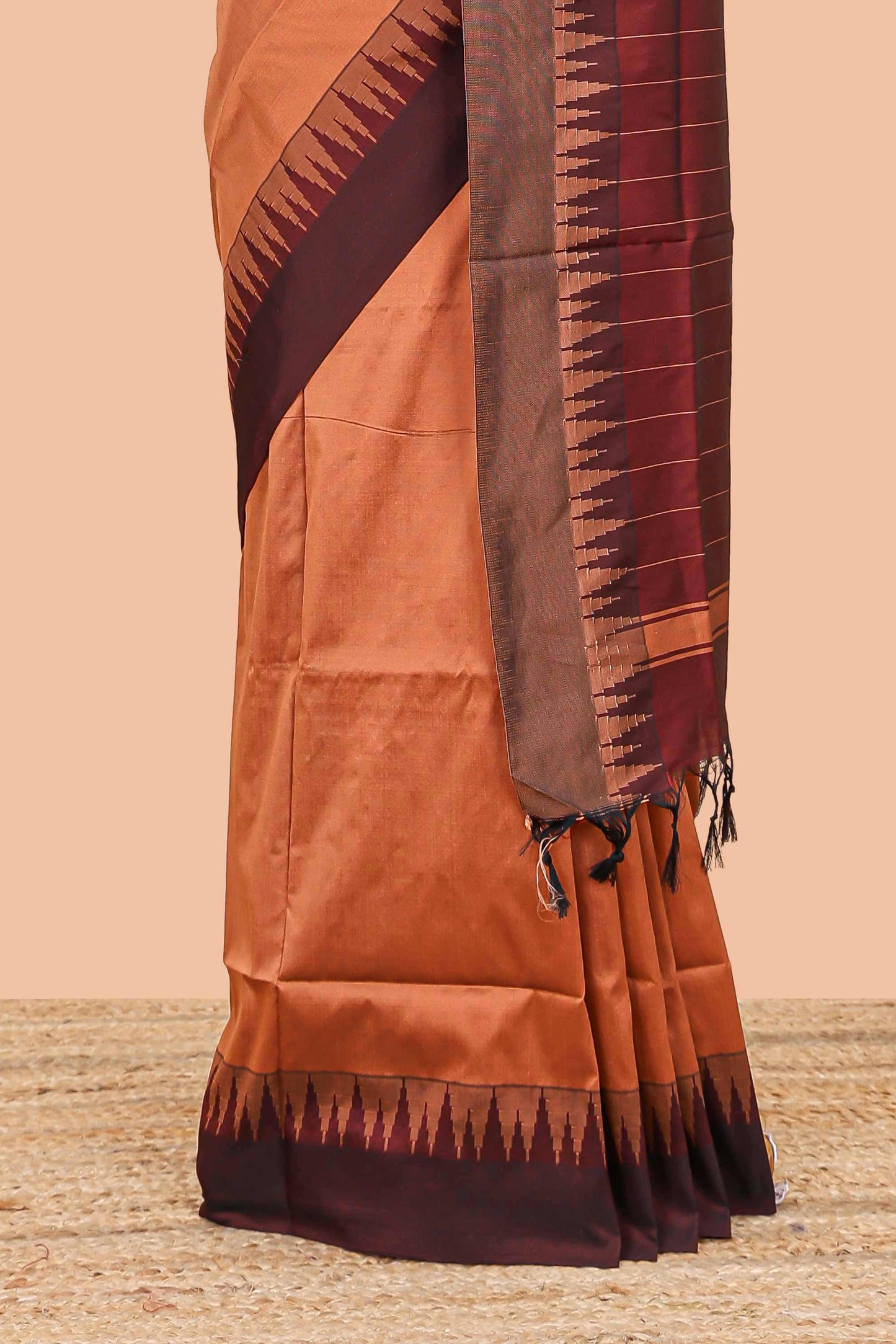 Dark orange plain poly cotton saree with contrast pallu and geometric border