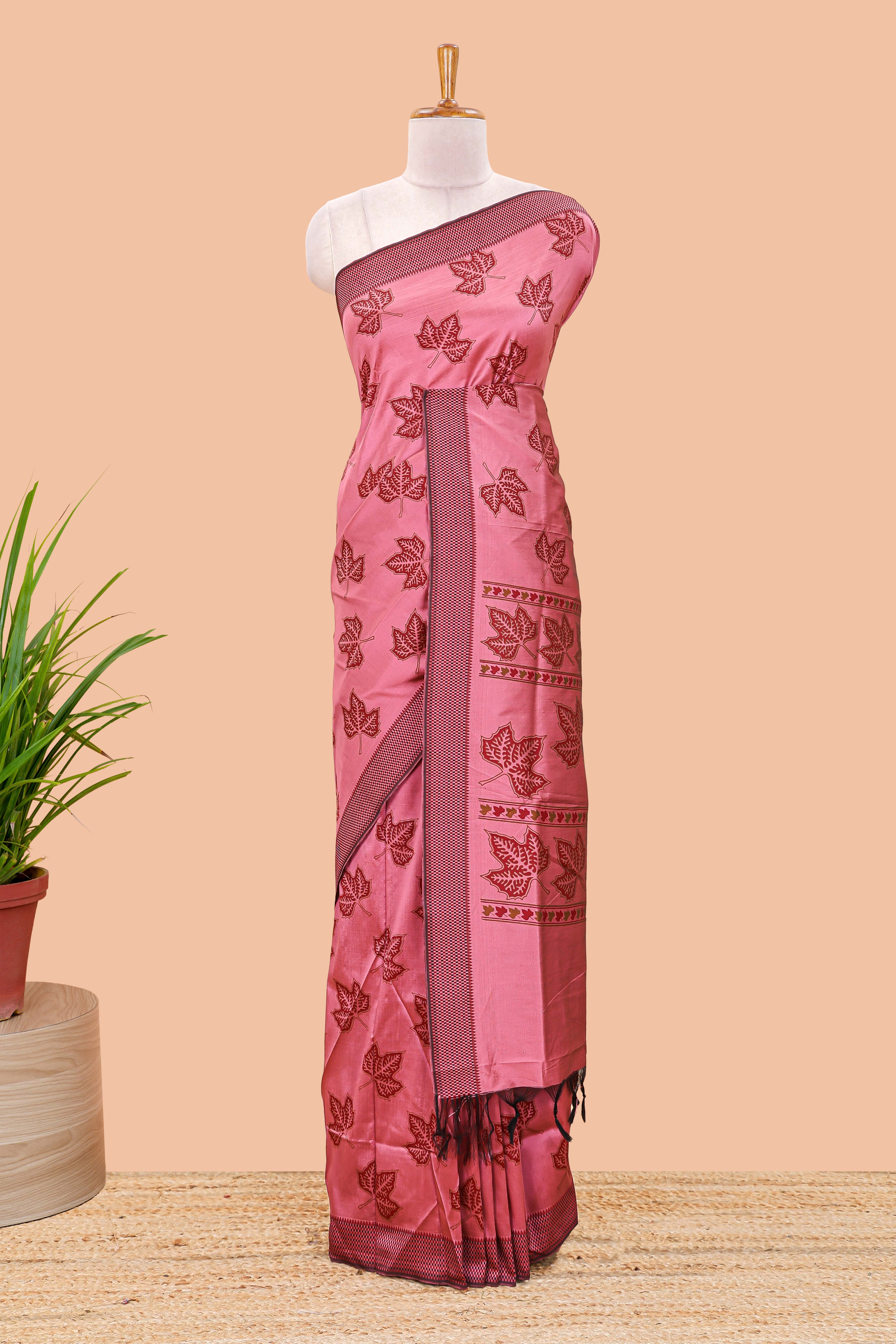 Pink leaf motifs poly cotton saree with self border and pallu