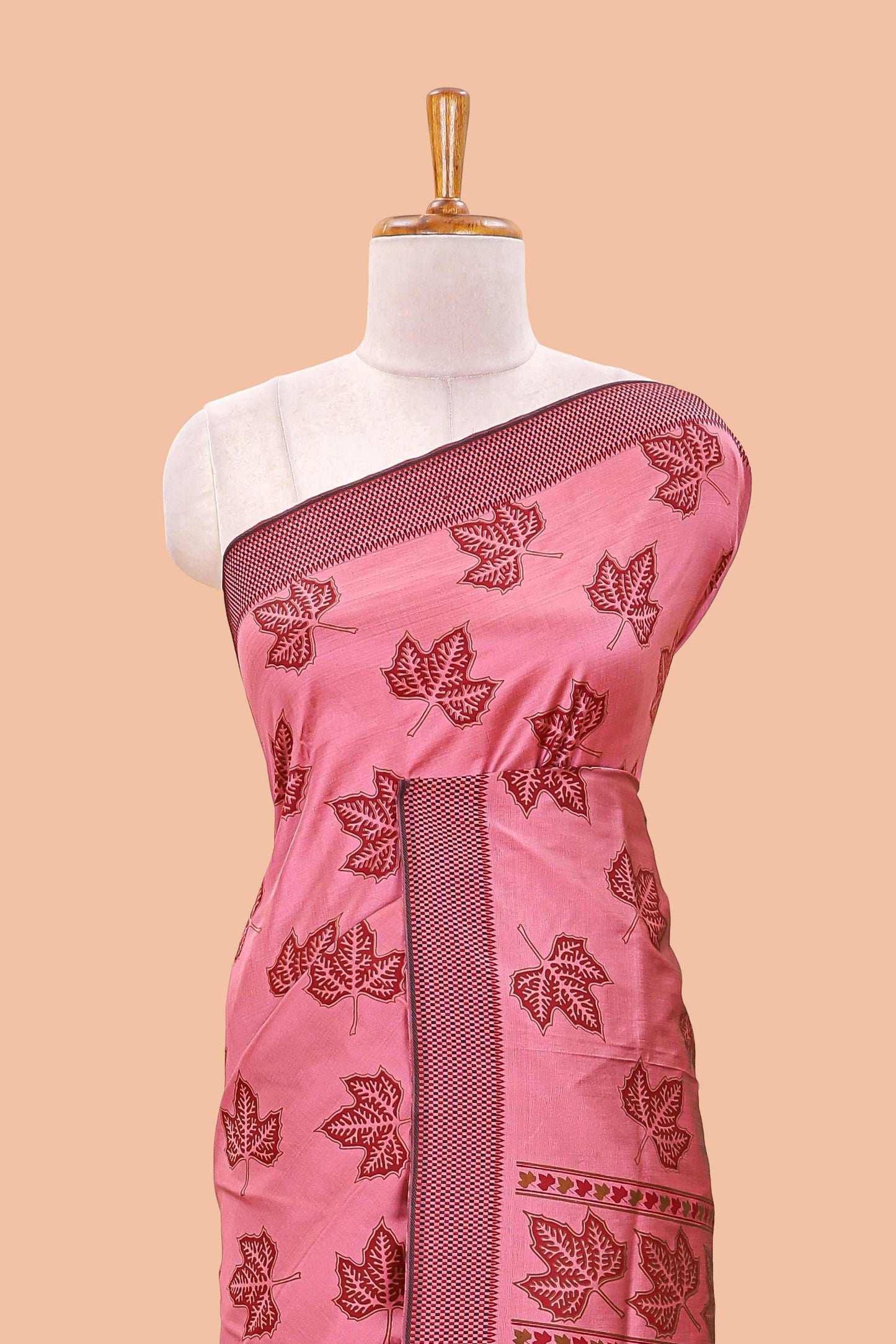Pink leaf motifs poly cotton saree with self border and pallu