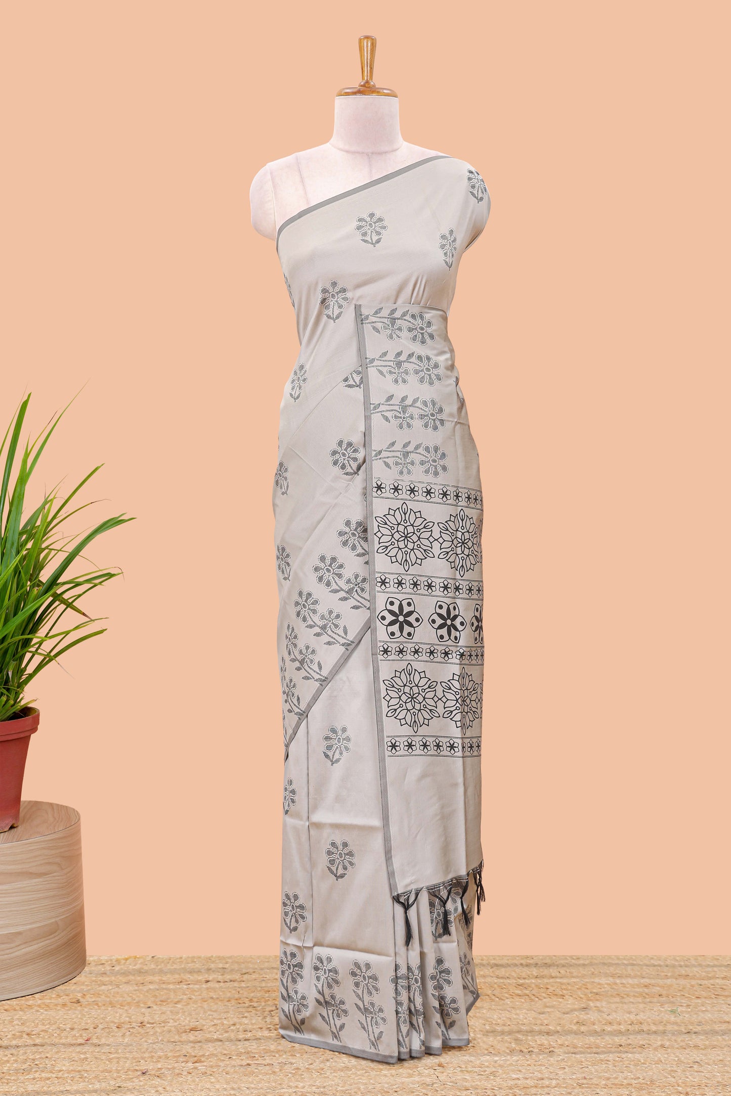 Grey floral motifs poly cotton saree with self border and pallu