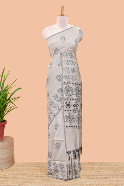 Grey floral motifs poly cotton saree with self border and pallu