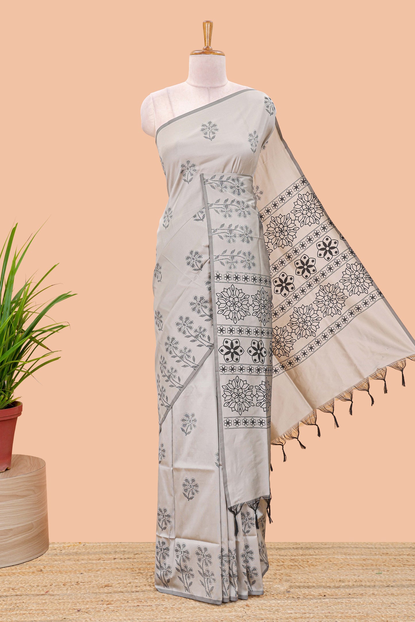 Grey floral motifs poly cotton saree with self border and pallu