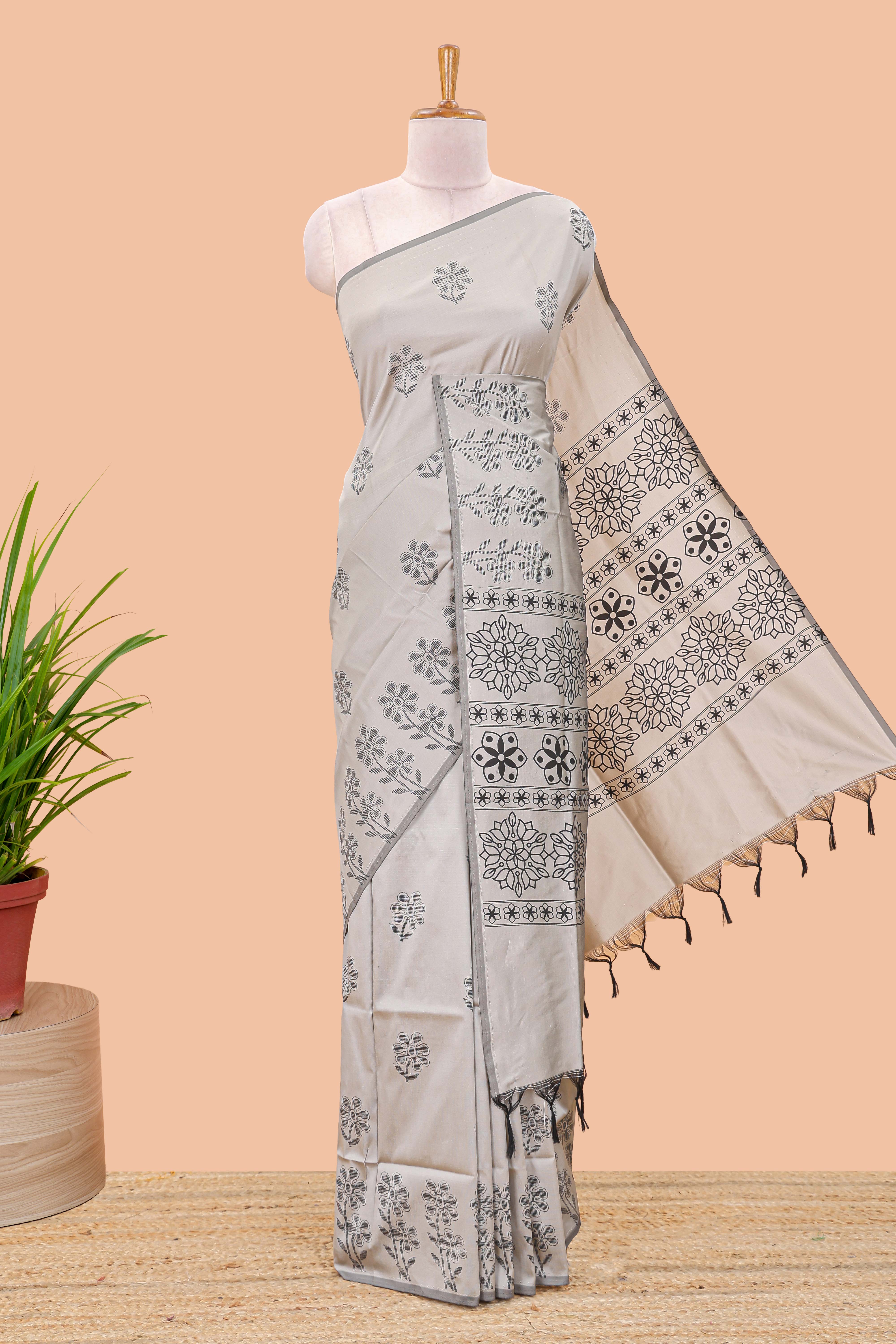Grey floral motifs poly cotton saree with self border and pallu