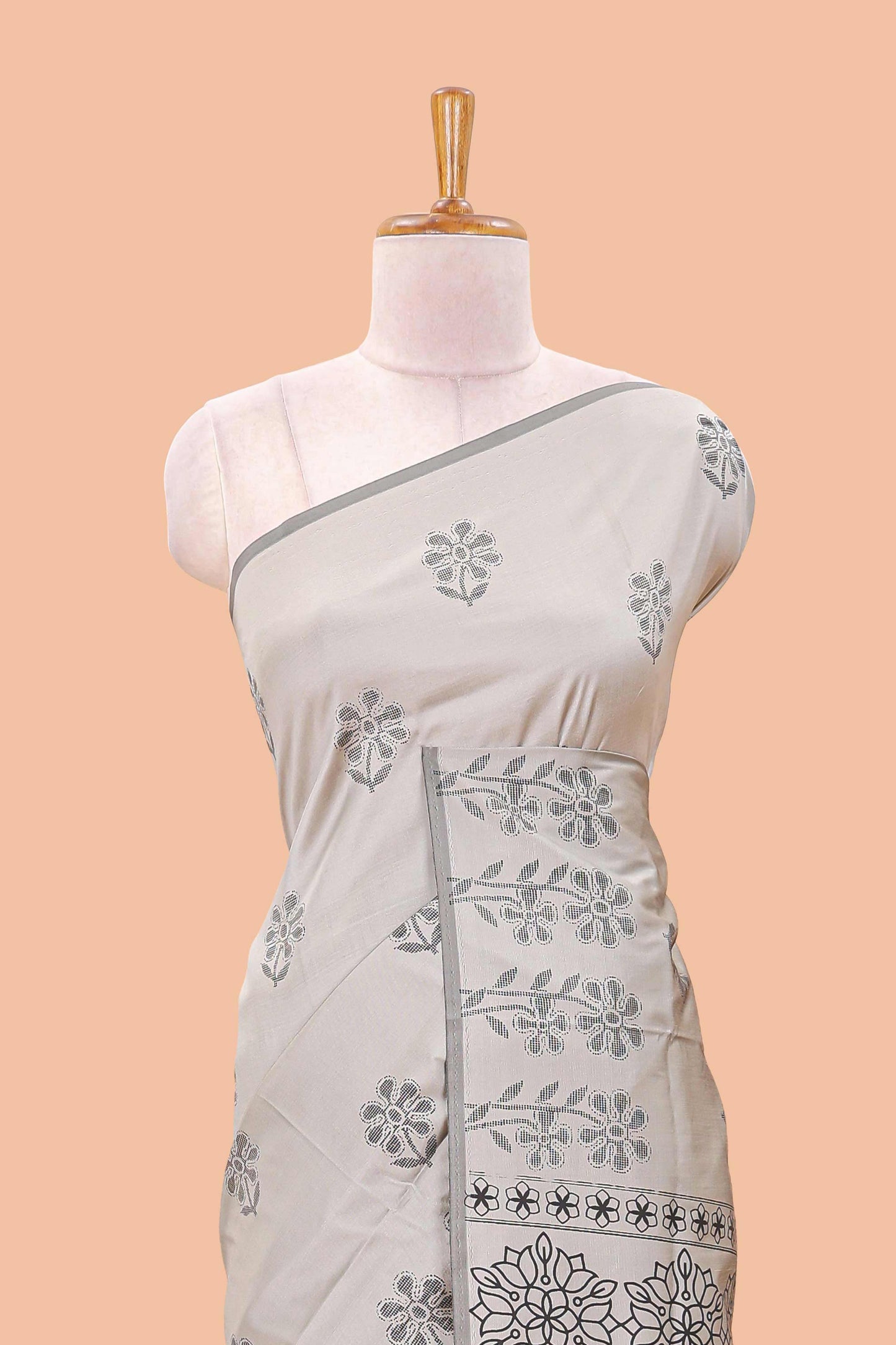 Grey floral motifs poly cotton saree with self border and pallu