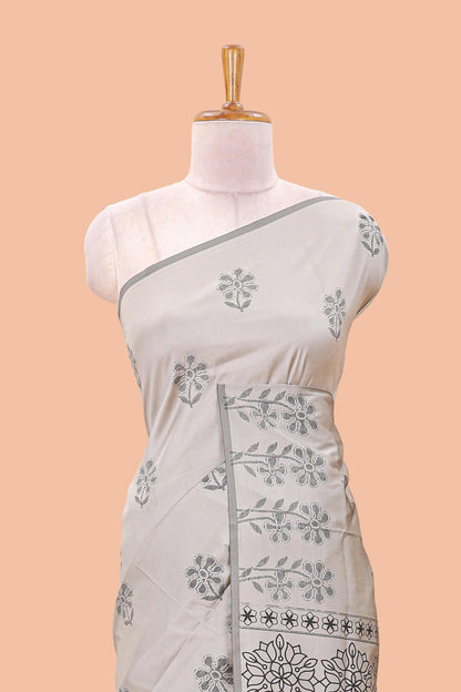 Grey floral motifs poly cotton saree with self border and pallu