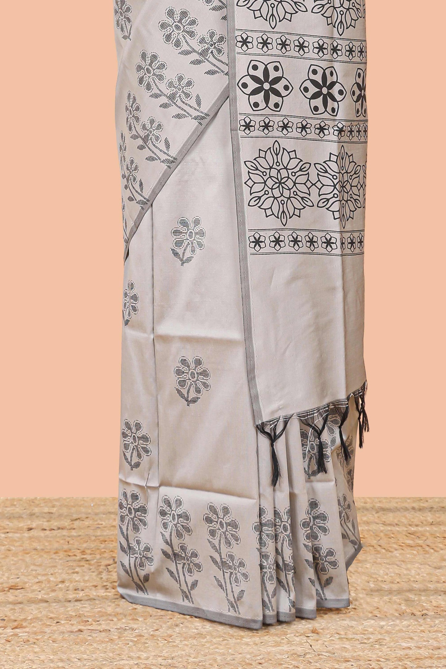 Grey floral motifs poly cotton saree with self border and pallu