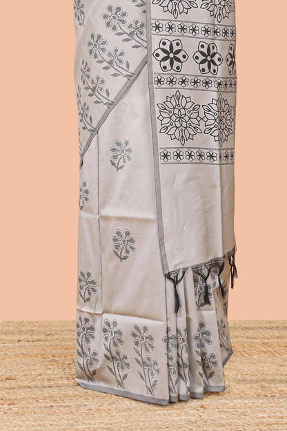 Grey floral motifs poly cotton saree with self border and pallu