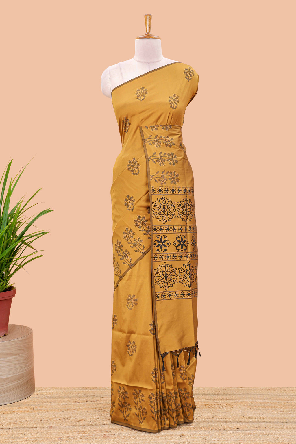Mustard floral motifs poly cotton saree with self border and pallu