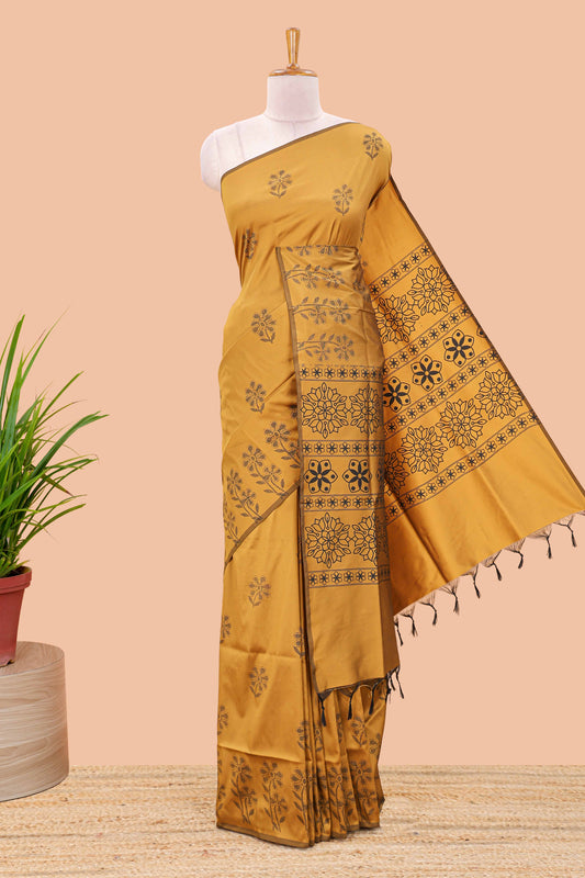 Mustard floral motifs poly cotton saree with self border and pallu