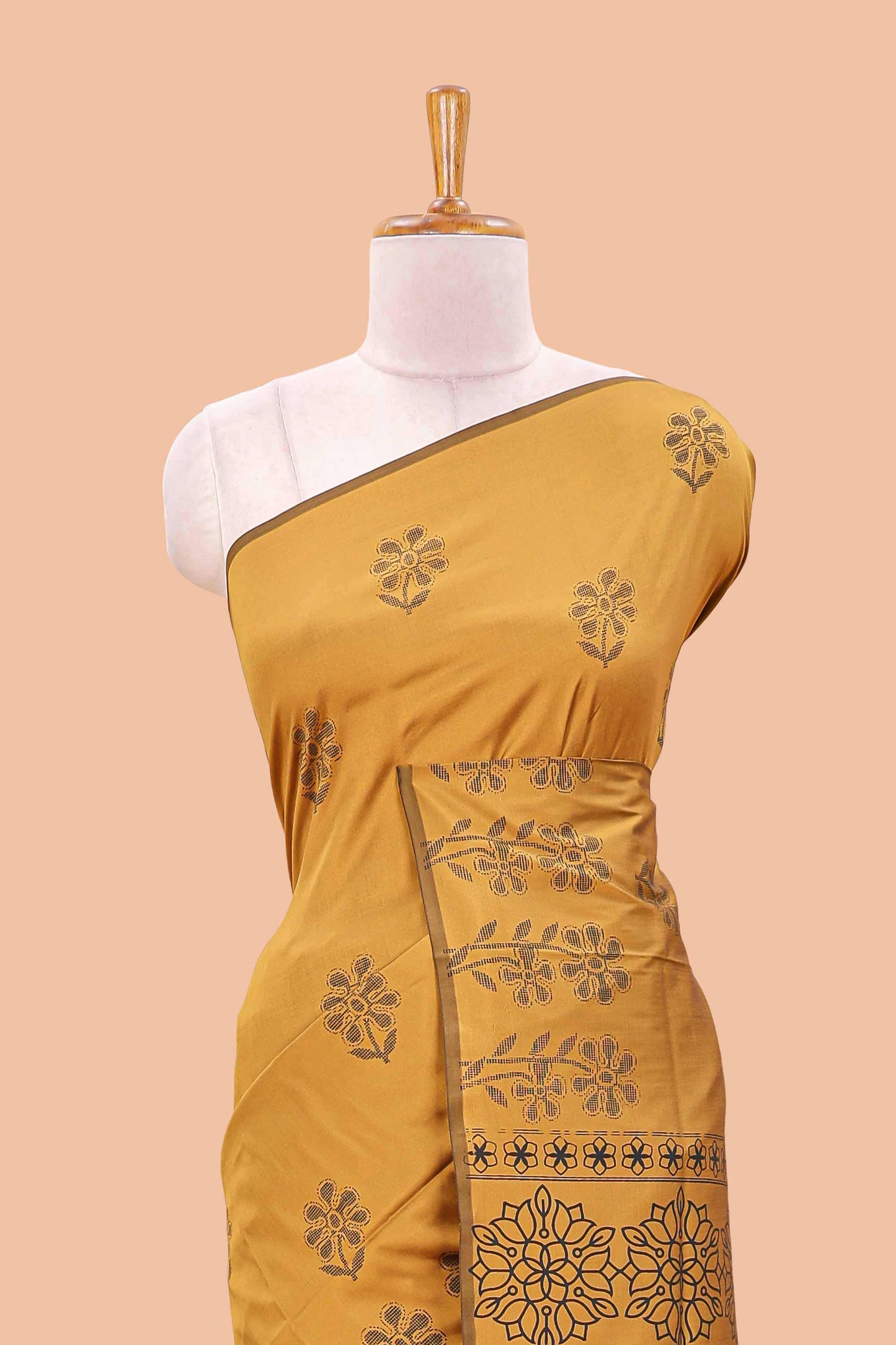 Mustard floral motifs poly cotton saree with self border and pallu