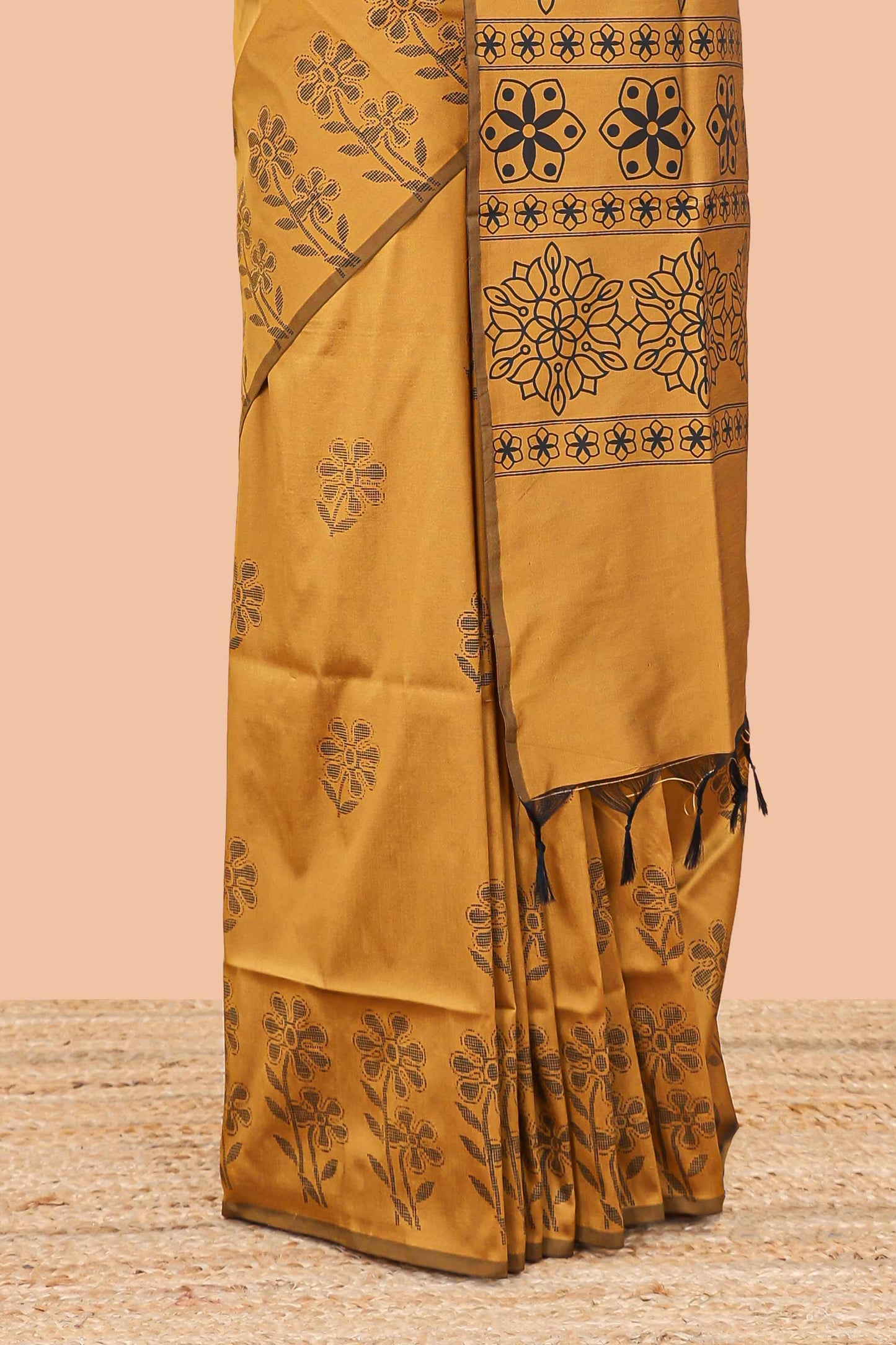 Mustard floral motifs poly cotton saree with self border and pallu