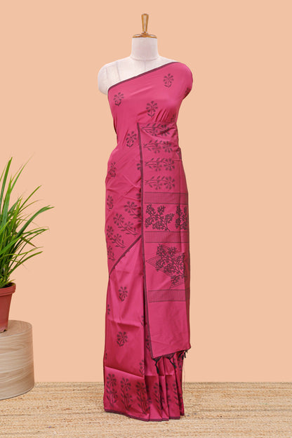 Pink floral motifs poly cotton saree with self border and pallu