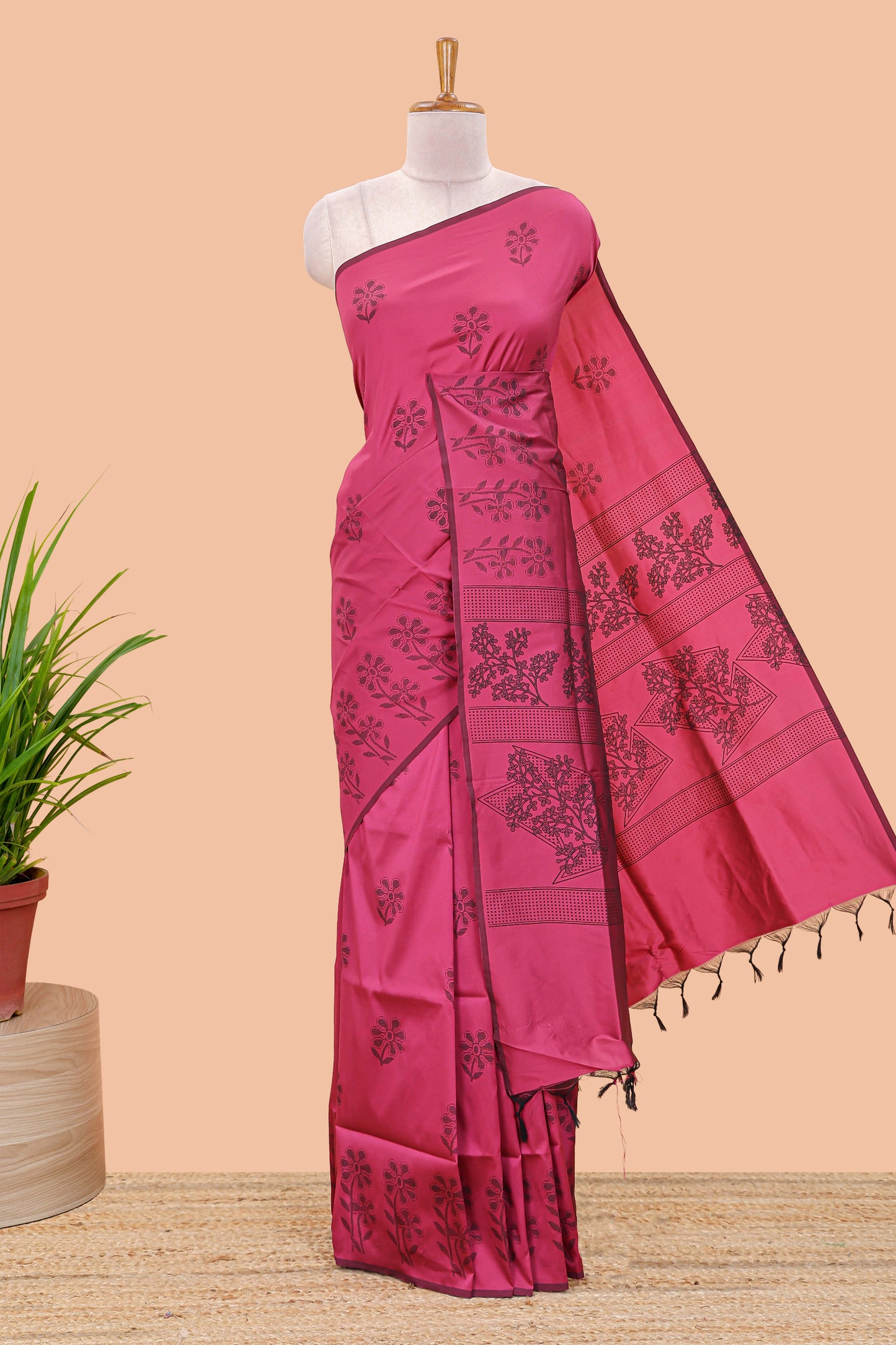 Pink floral motifs poly cotton saree with self border and pallu