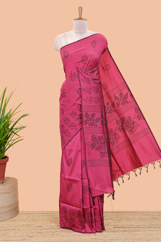 Pink floral motifs poly cotton saree with self border and pallu