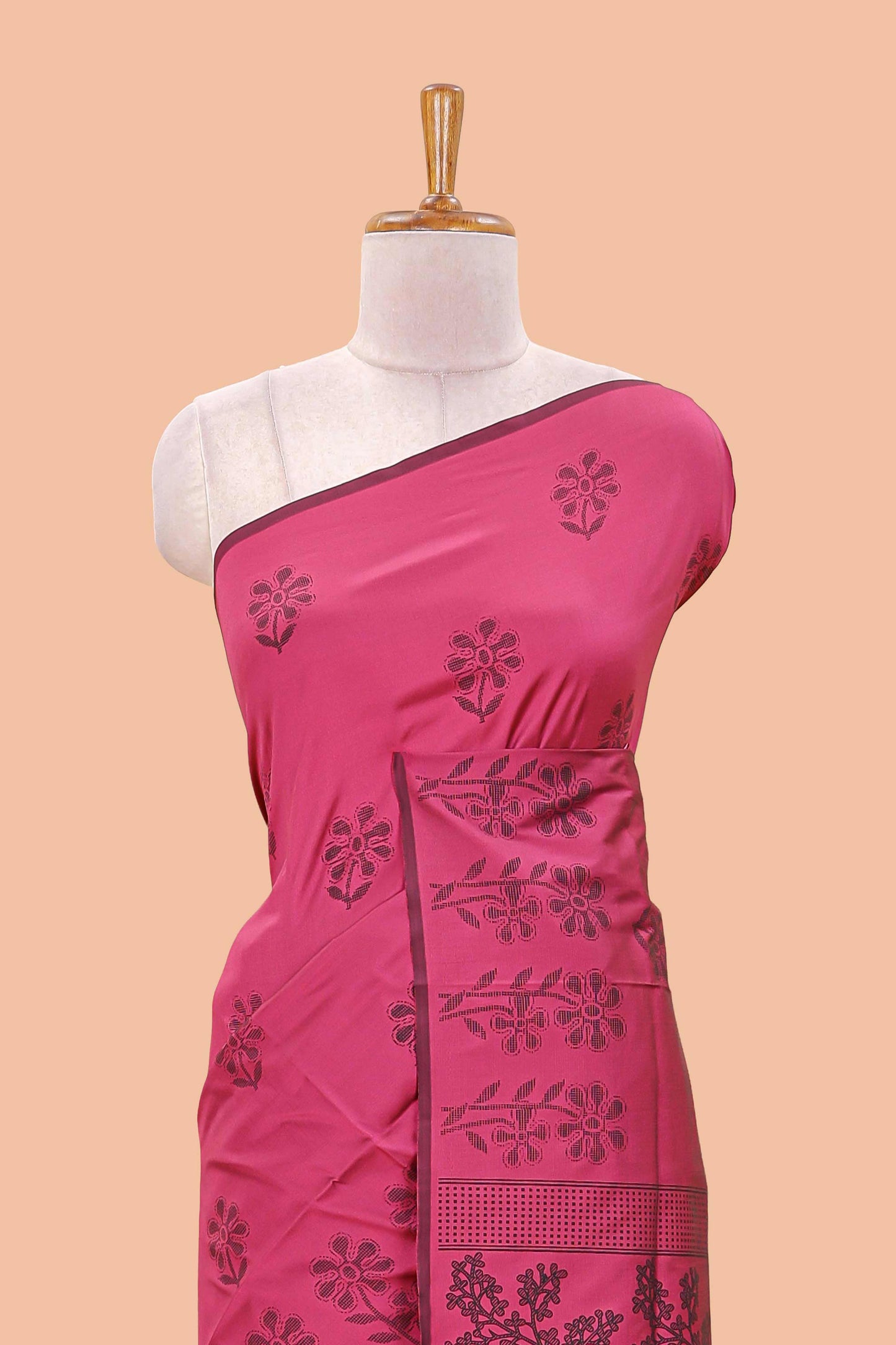 Pink floral motifs poly cotton saree with self border and pallu