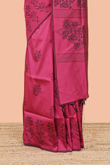 Pink floral motifs poly cotton saree with self border and pallu