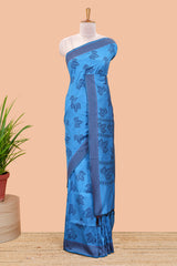 Blue leaf motifs poly cotton saree with self border and pallu