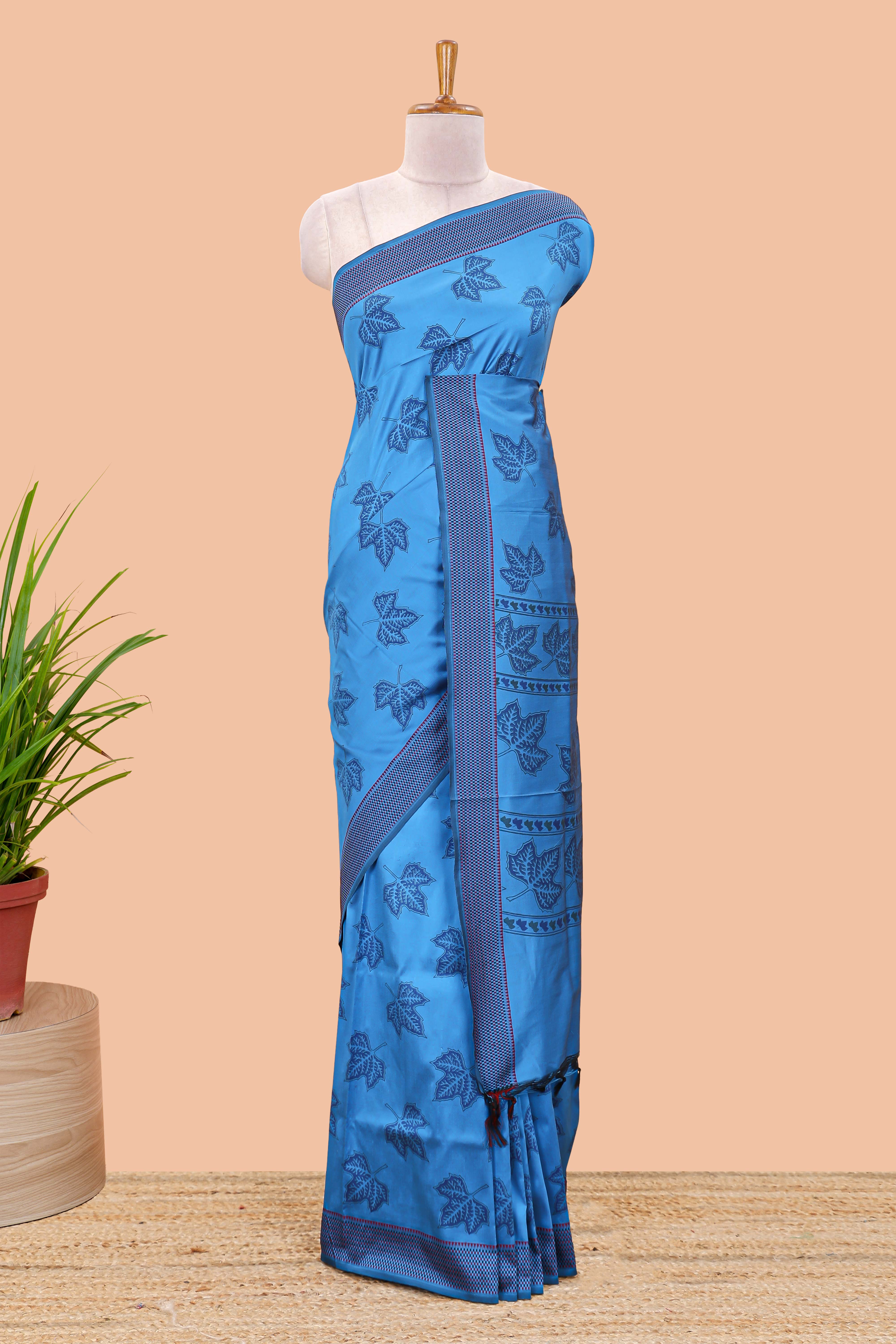 Blue leaf motifs poly cotton saree with self border and pallu