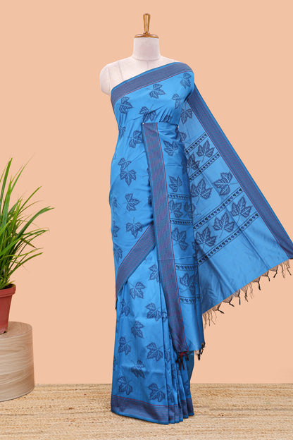 Blue leaf motifs poly cotton saree with self border and pallu