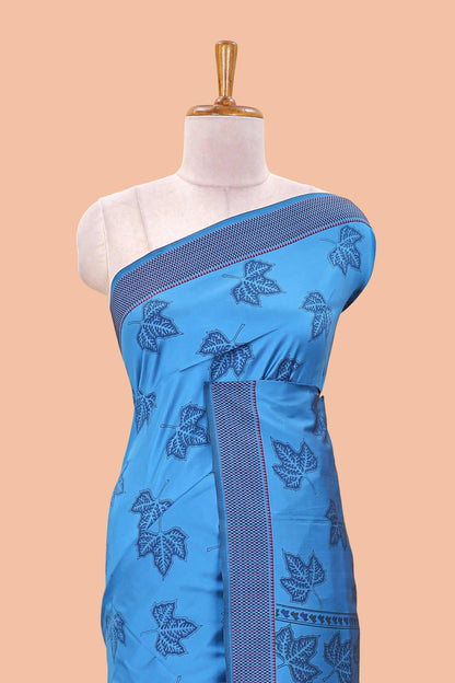 Blue leaf motifs poly cotton saree with self border and pallu