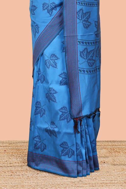 Blue leaf motifs poly cotton saree with self border and pallu