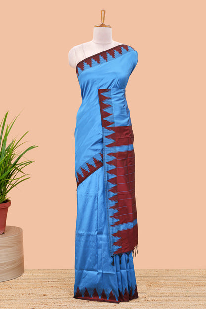 Blue plain poly cotton saree with contrast pallu and geometric border